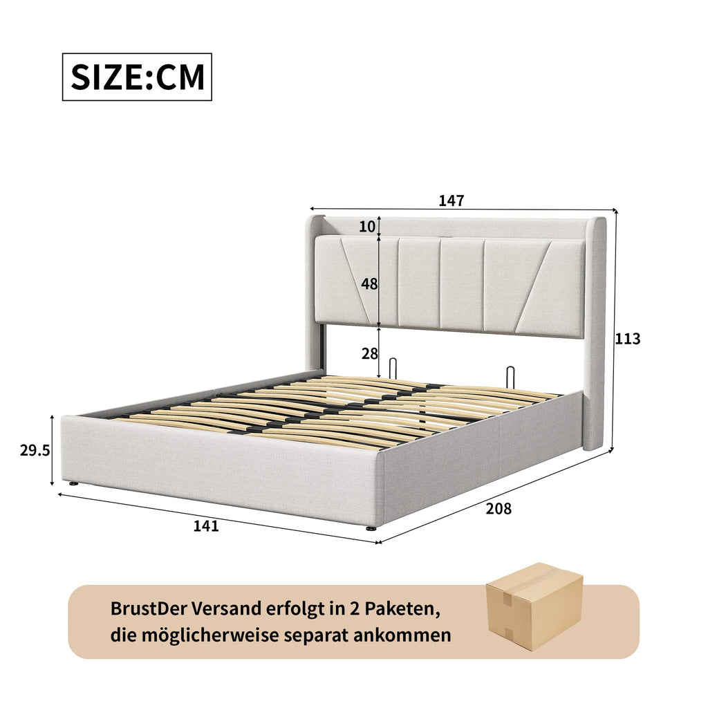 Upholstered Double Bed with Under bed storage space, LED Headboard with USB/Type C, Storage Bed Frame with Slatted Frame