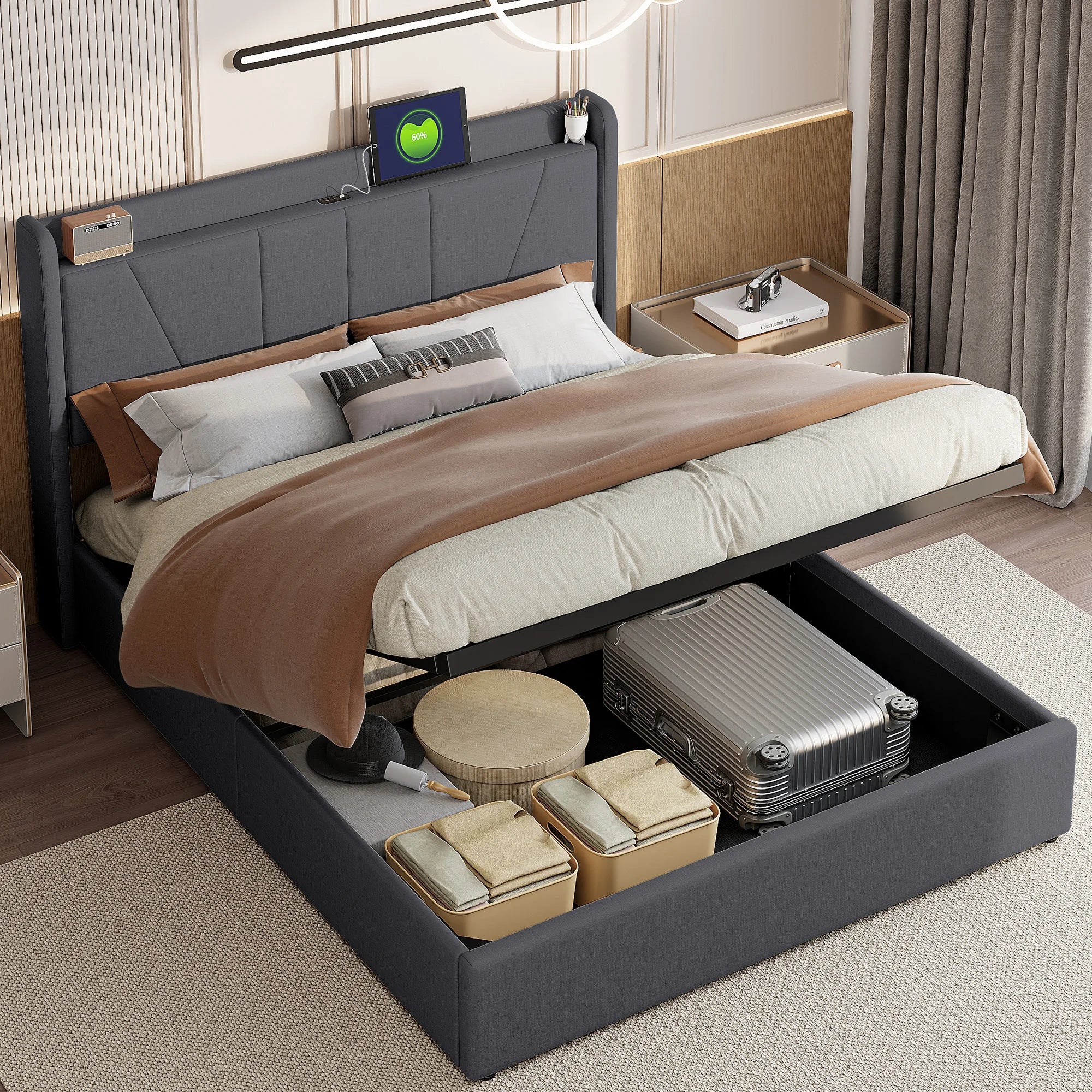Upholstered Double Bed with Under bed storage space, LED Headboard with USB/Type C, Storage Bed Frame with Slatted Frame