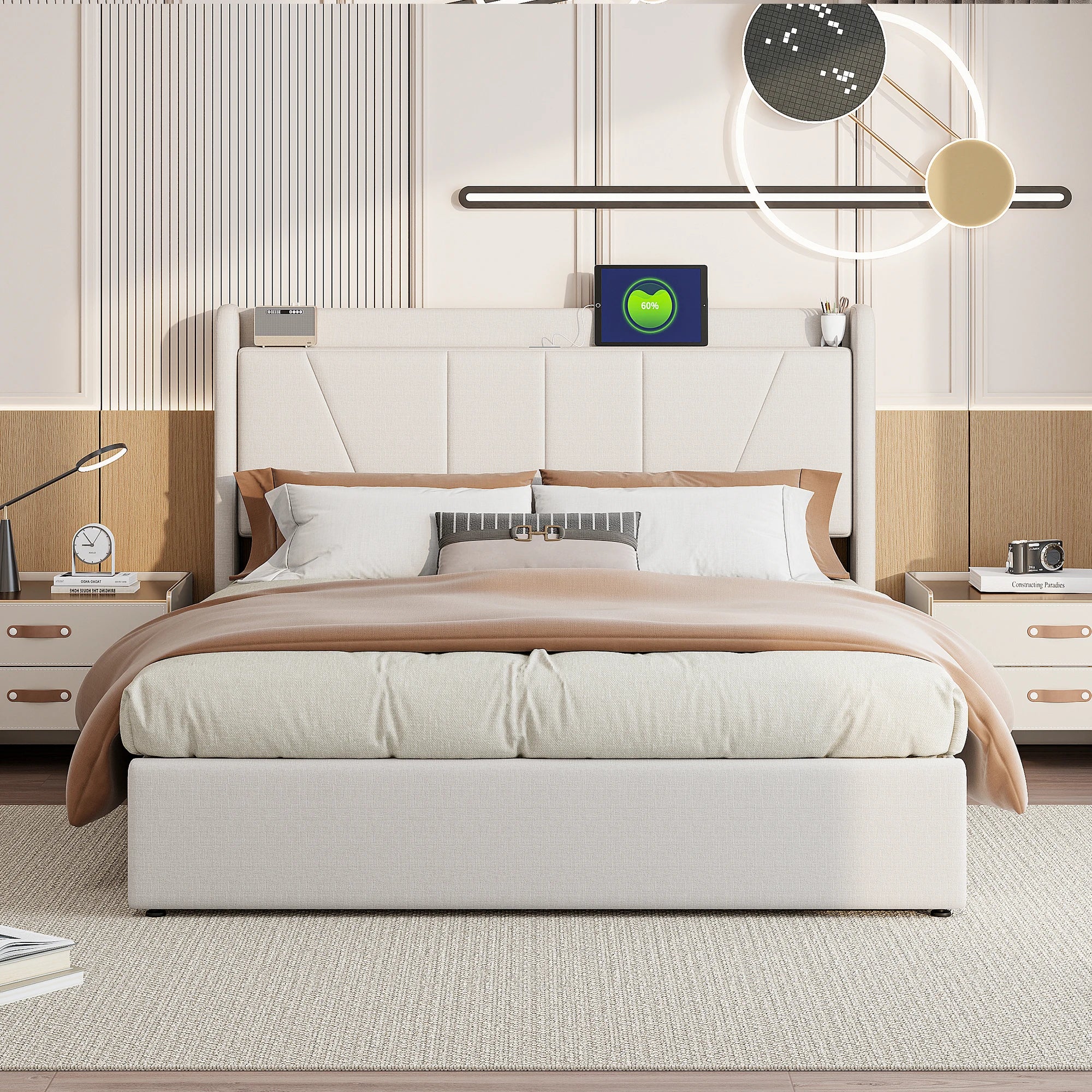 Upholstered Double Bed with Under bed storage space, LED Headboard with USB/Type C, Storage Bed Frame with Slatted Frame