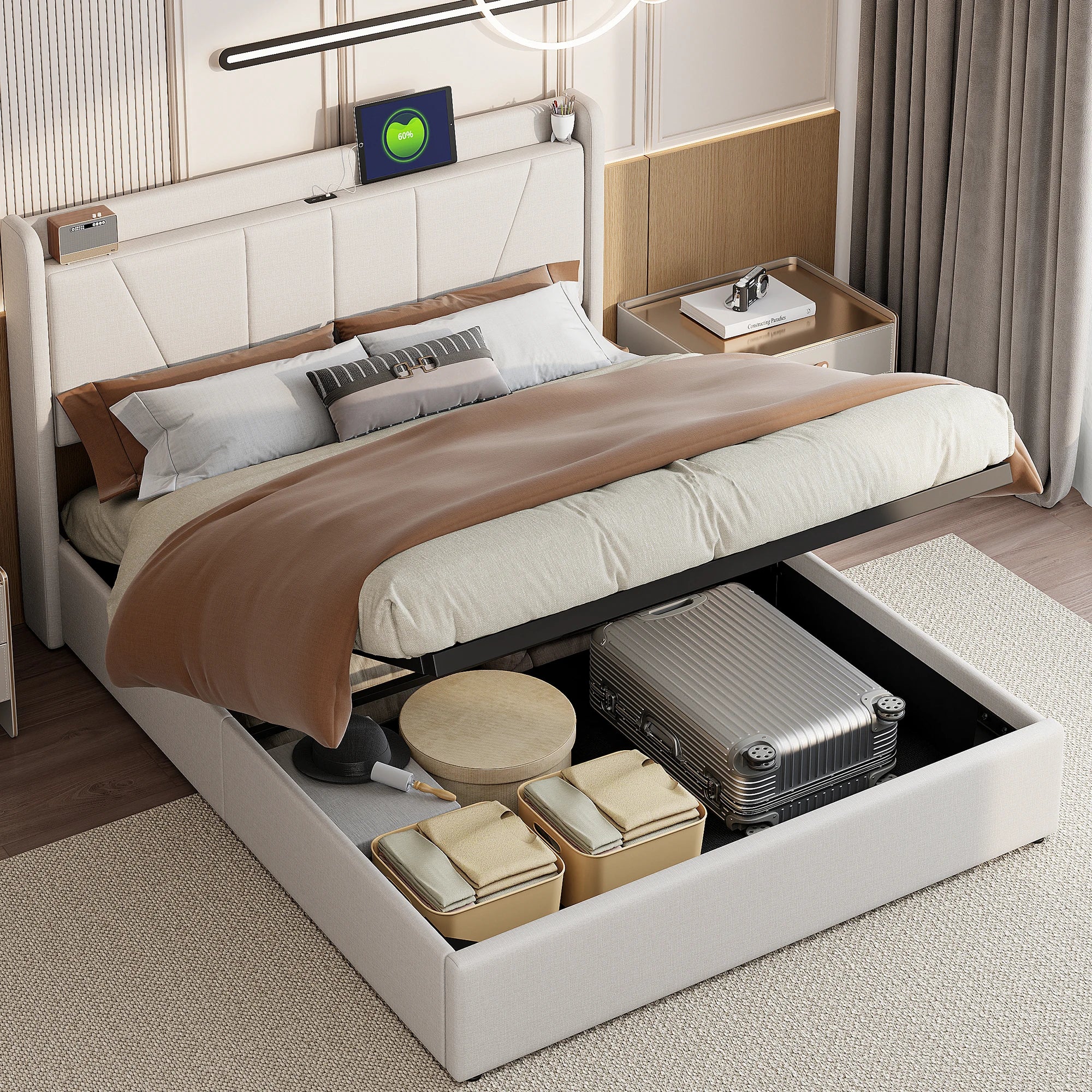 Upholstered Double Bed with Under bed storage space, LED Headboard with USB/Type C, Storage Bed Frame with Slatted Frame