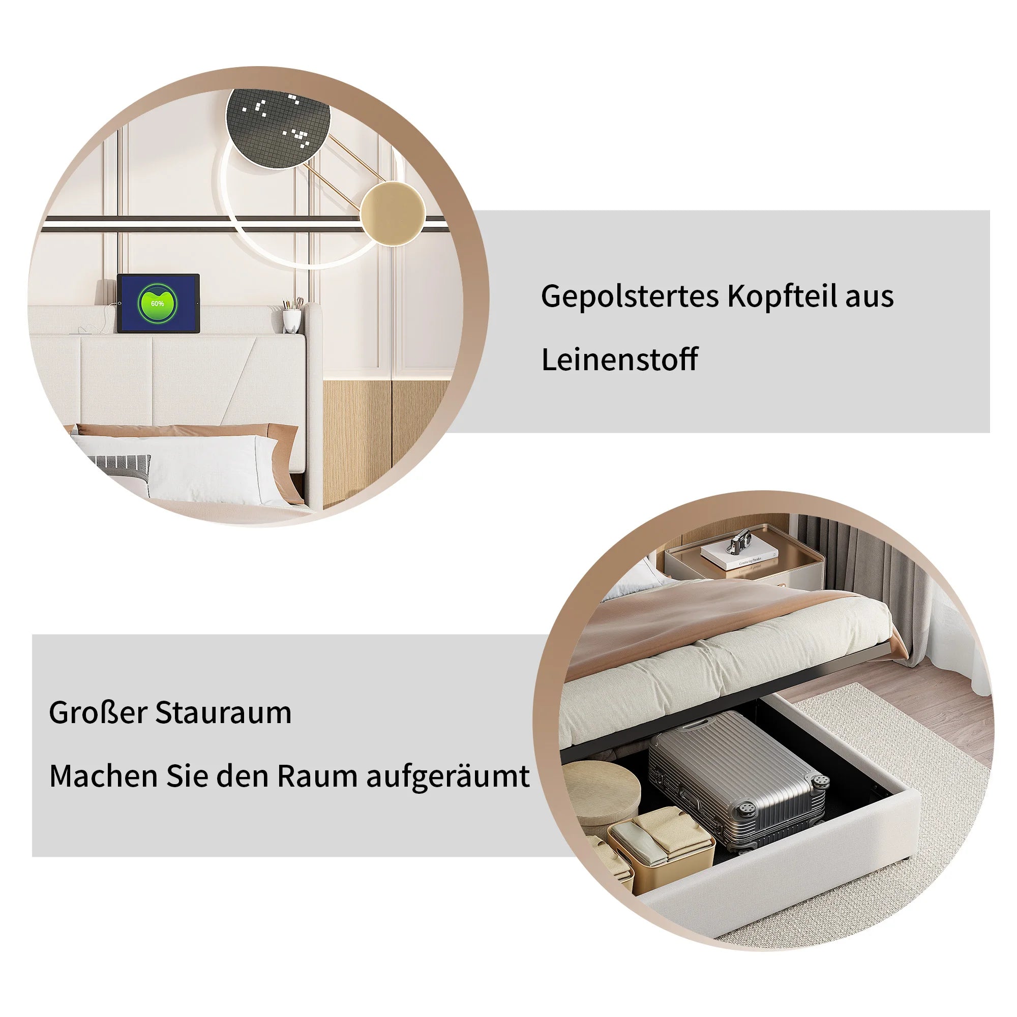 Upholstered Double Bed with Under bed storage space, LED Headboard with USB/Type C, Storage Bed Frame with Slatted Frame