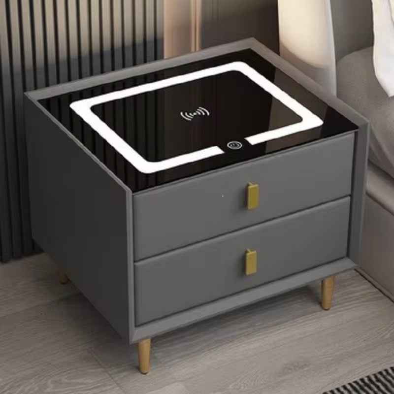 Wireless Charger Wooden Bedside Table with Storage - Modern Square Design