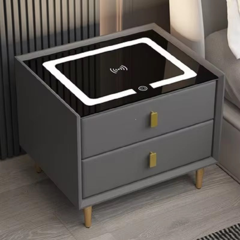 Square 3 Color Light Wireless Charger Wooden Bedside Table With Storage Drawer