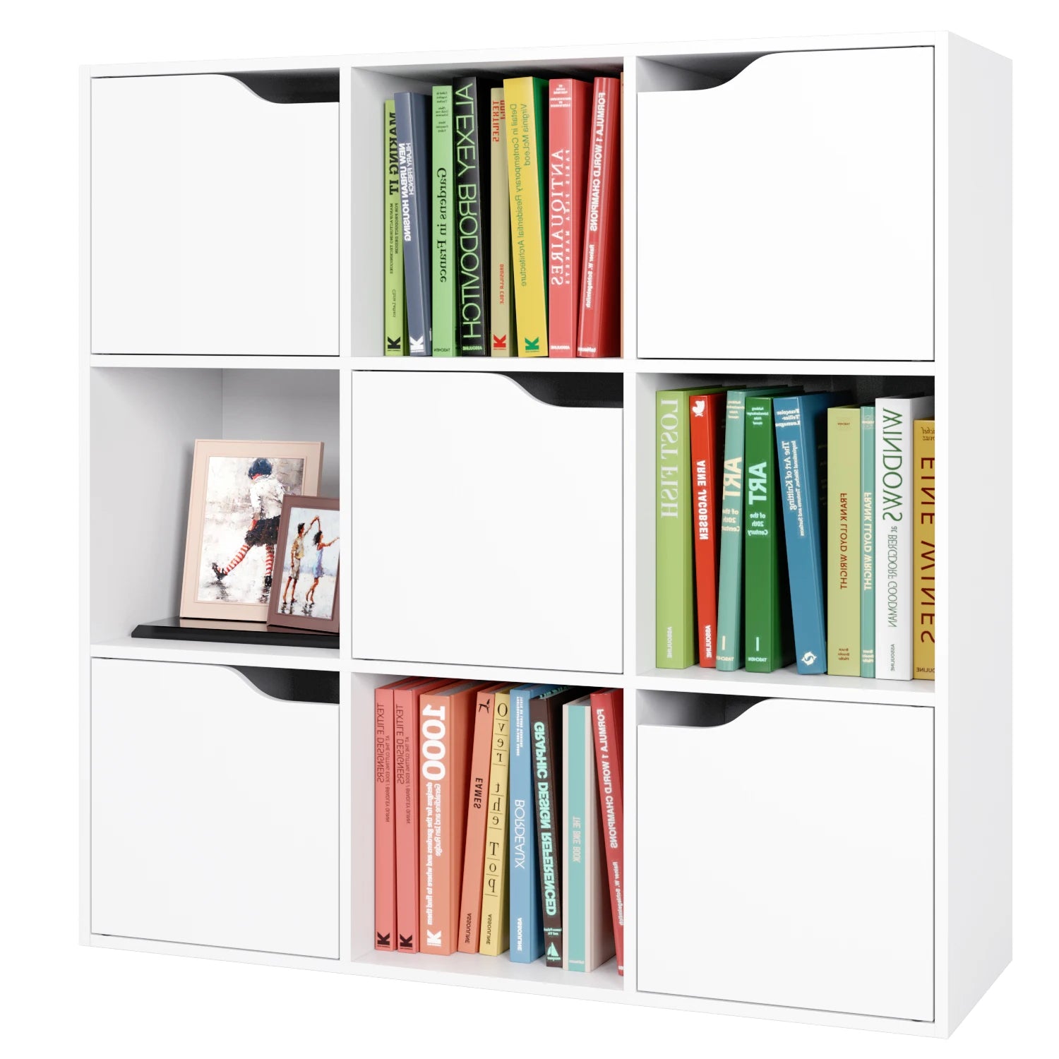 Getone Bookcase, White Bookcase, 9 Cube Storage Unit, Wooden Bookshelf with 5 Doors for Living Room, 90x29x90 cm