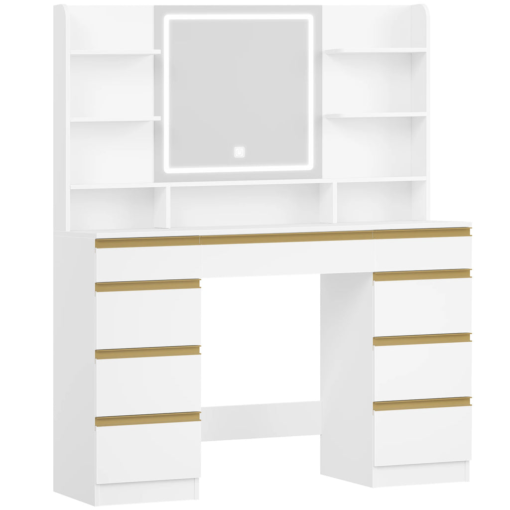 Dressing Table with LED Lighting, 3 Colours, Brightness Control, Dressing Table with Mirror, 9 Drawers, 9 Open Shelves