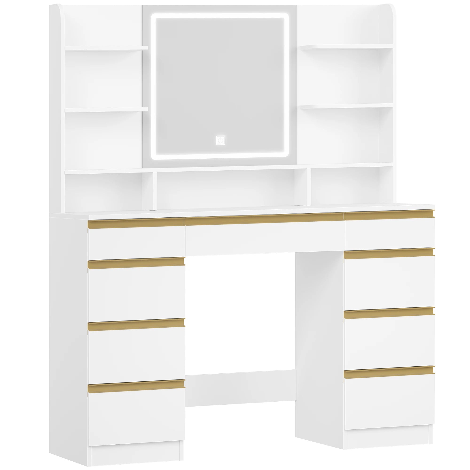 Dressing Table with LED Lighting, 3 Colours, Brightness Control, Dressing Table with Mirror, 9 Drawers, 9 Open Shelves
