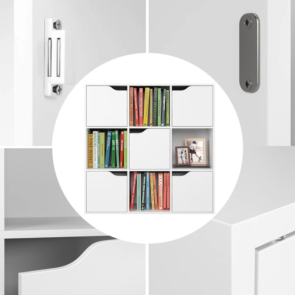 Getone Bookcase, White Bookcase, 9 Cube Storage Unit, Wooden Bookshelf with 5 Doors for Living Room, 90x29x90 cm
