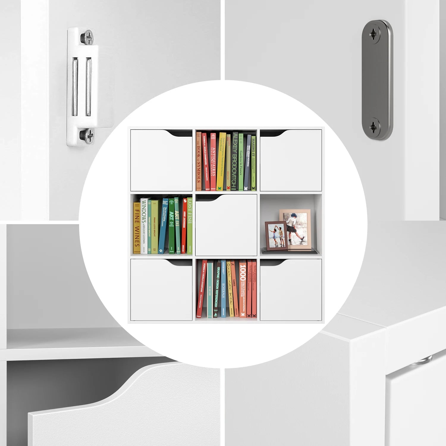 Getone Bookcase, White Bookcase, 9 Cube Storage Unit, Wooden Bookshelf with 5 Doors for Living Room, 90x29x90 cm