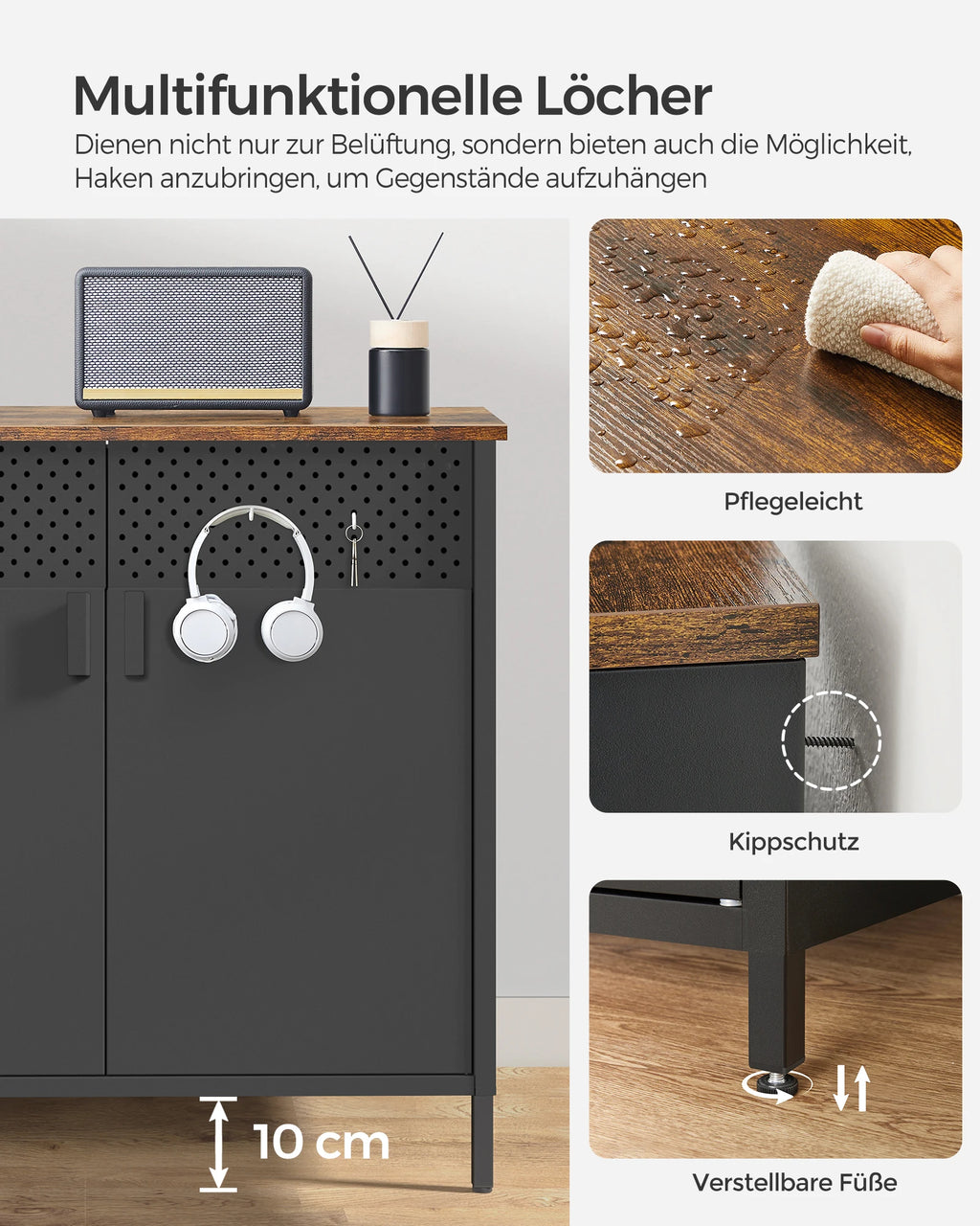 multi-functional Sideboard, kitchen cupboard, double door cabinet, adjustable floor, steel rack, industrial style