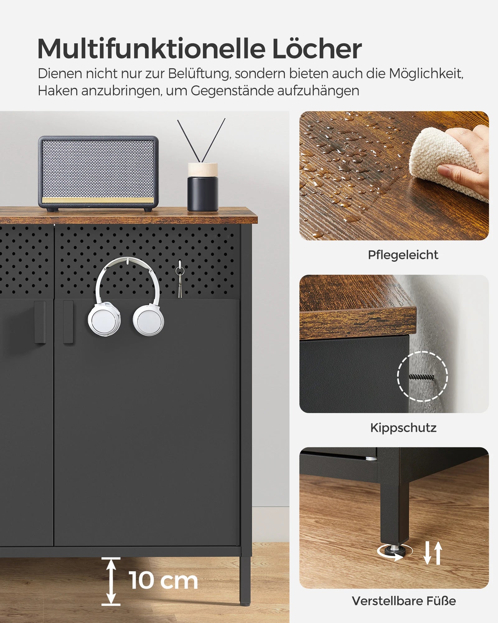 multi-functional Sideboard, kitchen cupboard, double door cabinet, adjustable floor, steel rack, industrial style