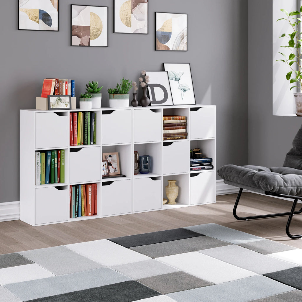 Getone Bookcase, White Bookcase, 9 Cube Storage Unit, Wooden Bookshelf with 5 Doors for Living Room, 90x29x90 cm
