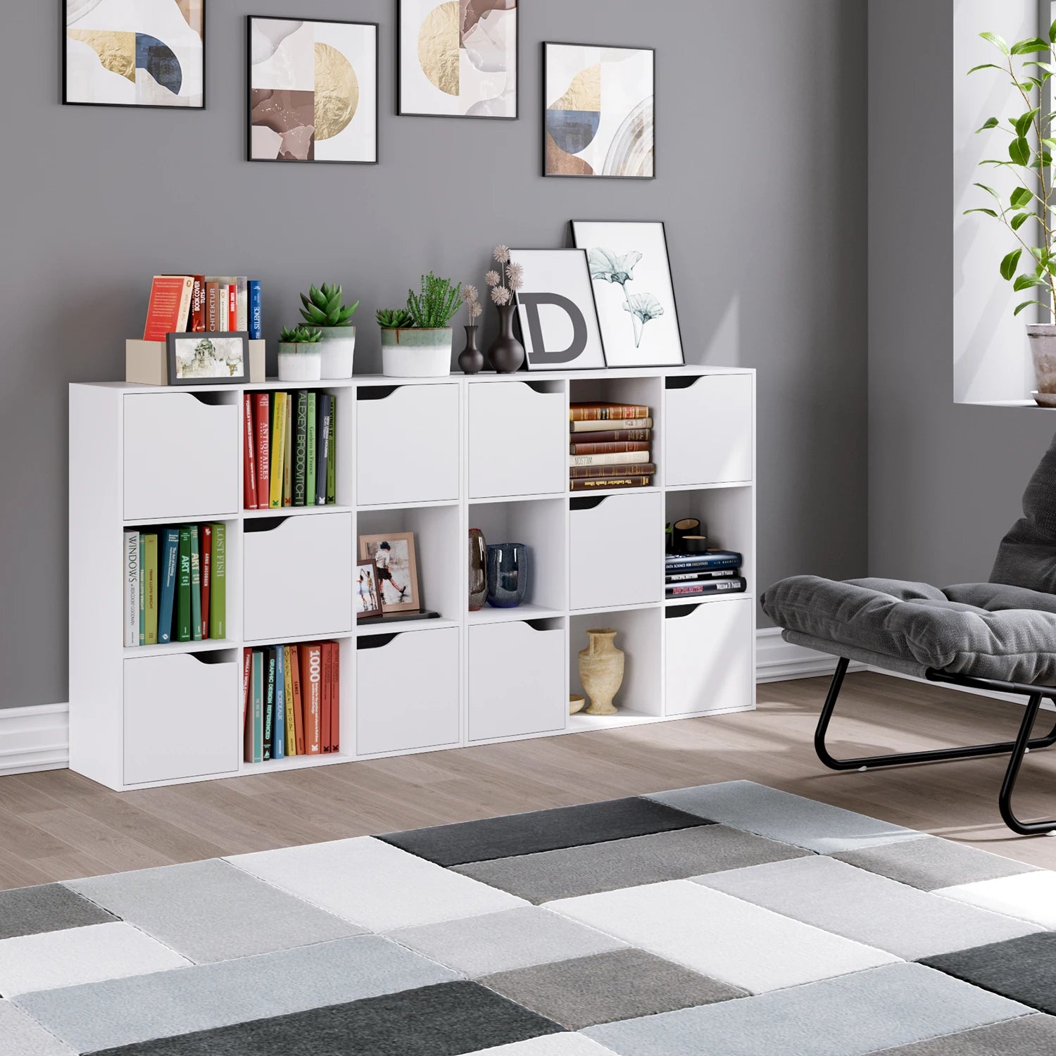 Getone Bookcase, White Bookcase, 9 Cube Storage Unit, Wooden Bookshelf with 5 Doors for Living Room, 90x29x90 cm
