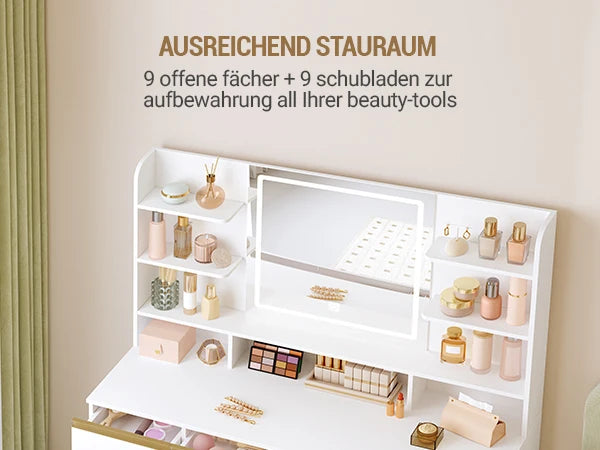 Dressing Table with LED Lighting, 3 Colours, Brightness Control, Dressing Table with Mirror, 9 Drawers, 9 Open Shelves