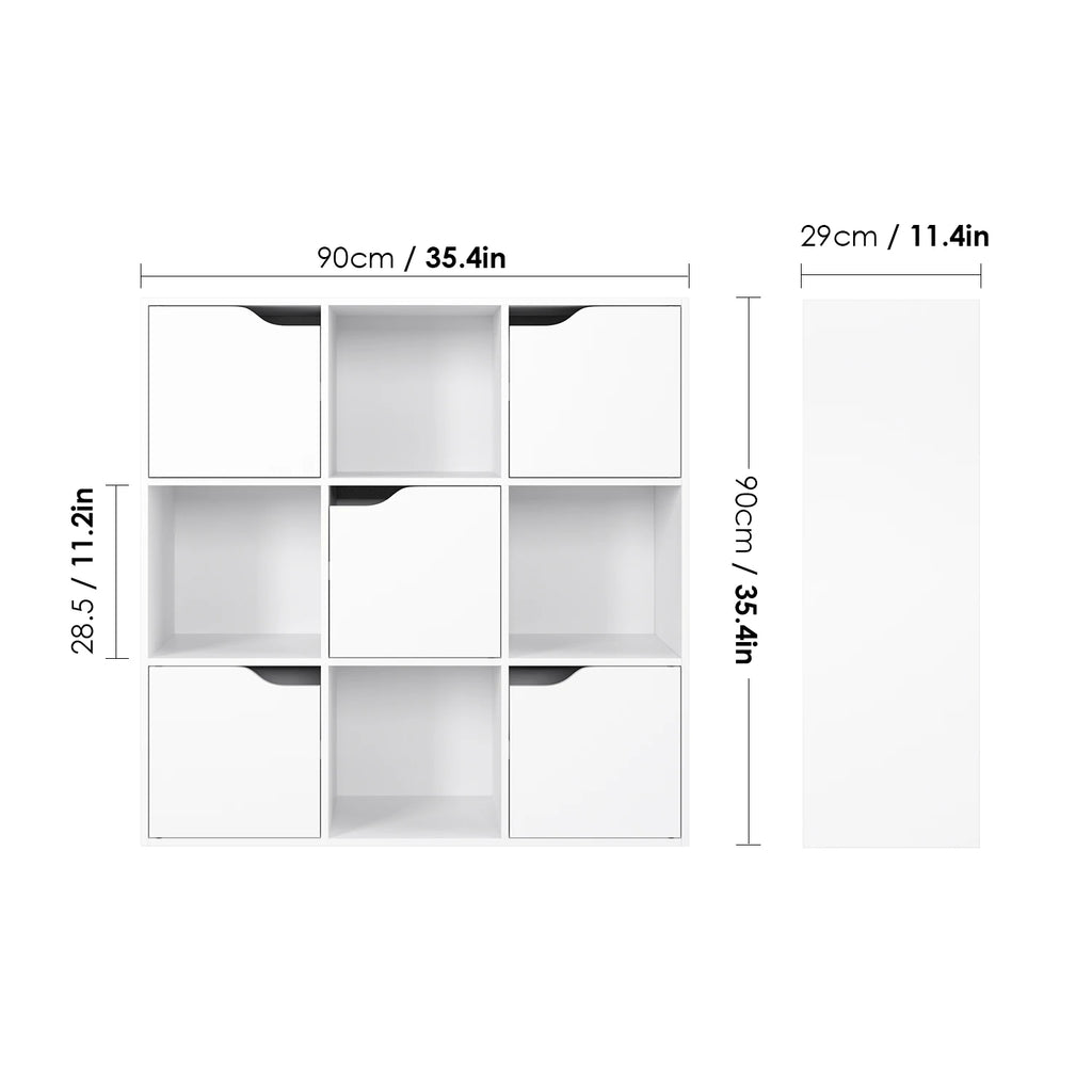 Getone Bookcase, White Bookcase, 9 Cube Storage Unit, Wooden Bookshelf with 5 Doors for Living Room, 90x29x90 cm