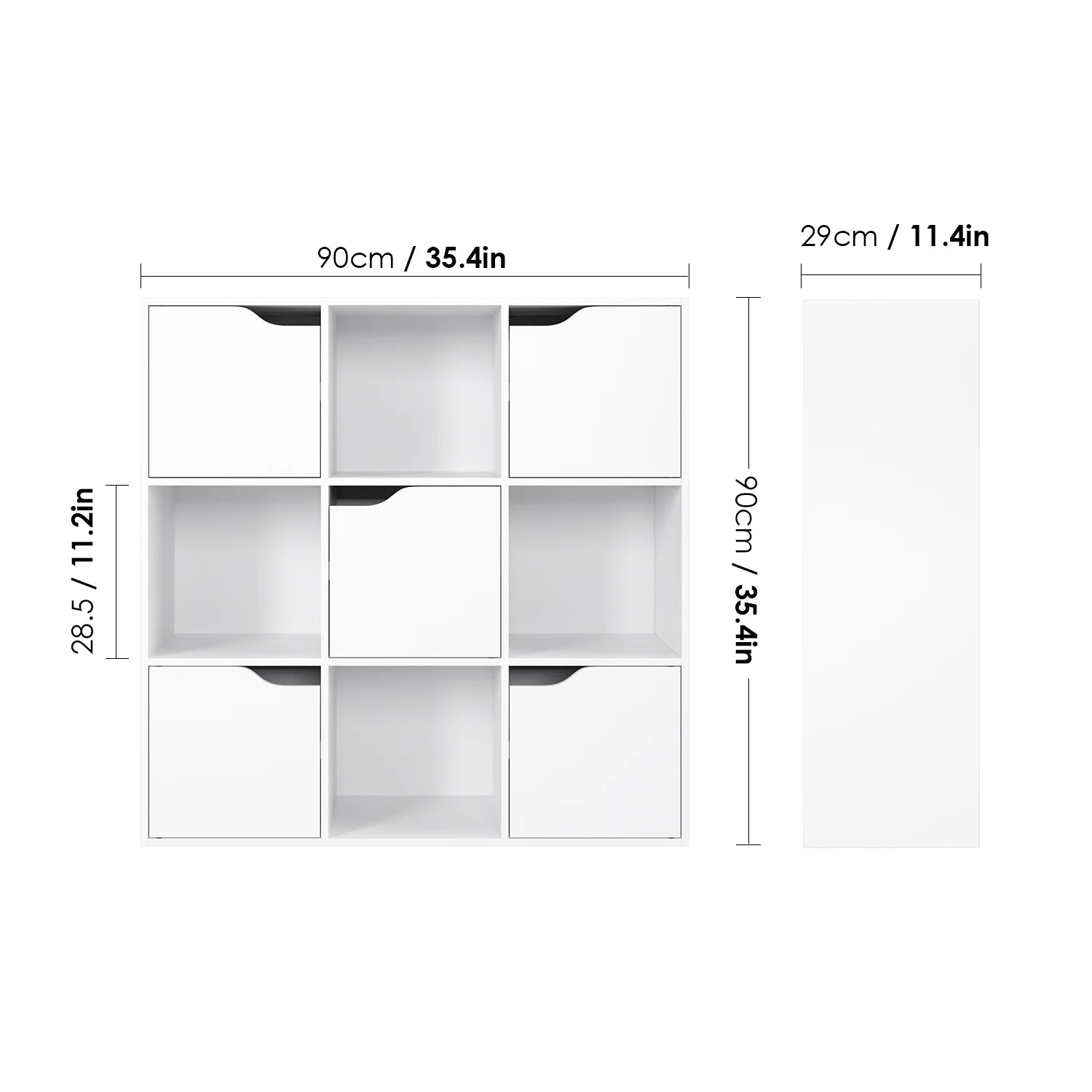 Getone Bookcase, White Bookcase, 9 Cube Storage Unit, Wooden Bookshelf with 5 Doors for Living Room, 90x29x90 cm