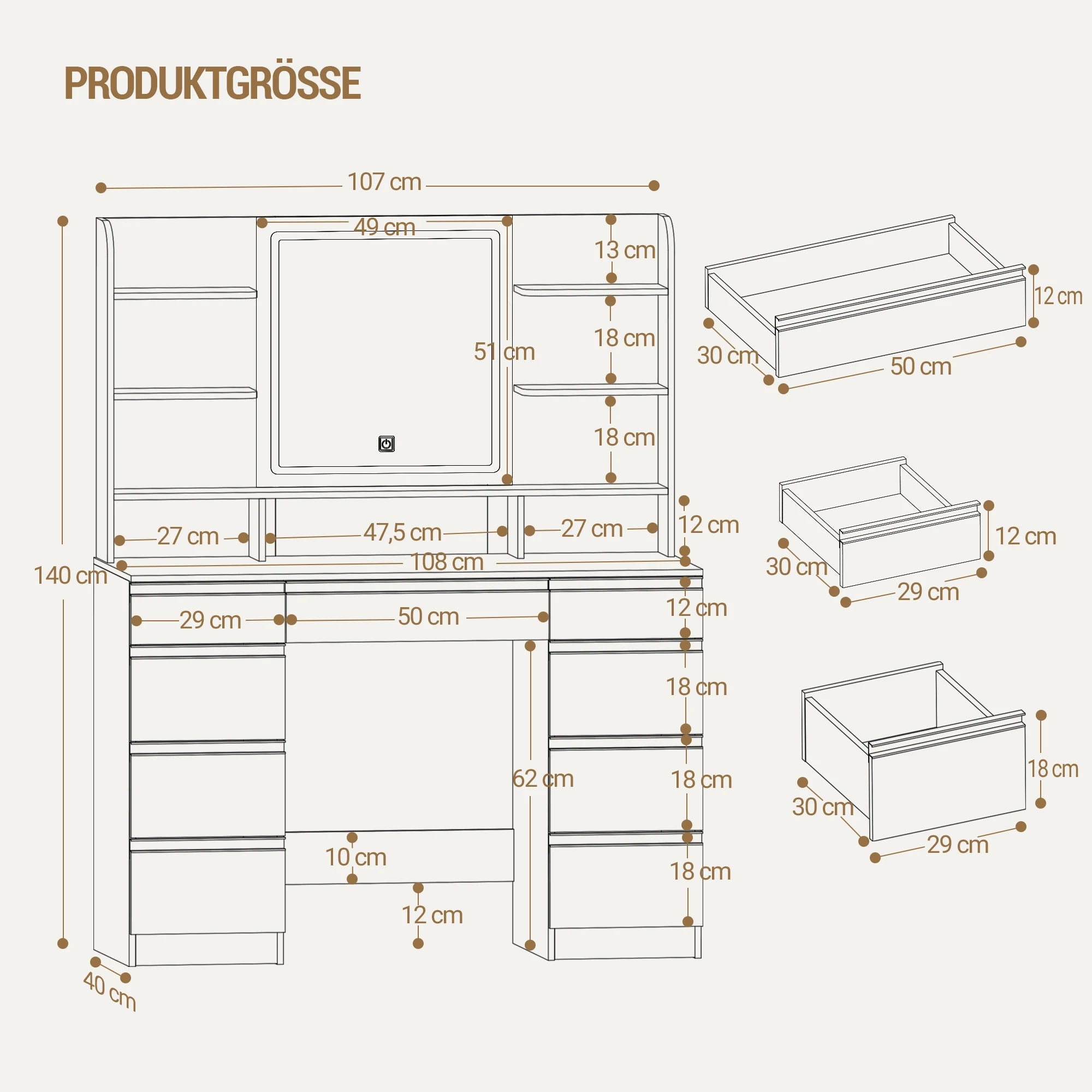 Dressing Table with LED Lighting, 3 Colours, Brightness Control, Dressing Table with Mirror, 9 Drawers, 9 Open Shelves