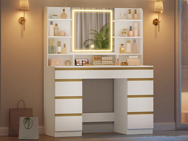 Dressing Table with LED Lighting, 3 Colours, Brightness Control, Dressing Table with Mirror, 9 Drawers, 9 Open Shelves