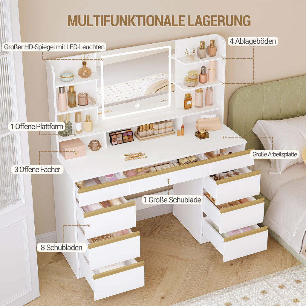 Dressing Table with LED Lighting, 3 Colours, Brightness Control, Dressing Table with Mirror, 9 Drawers, 9 Open Shelves