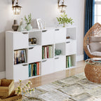 Elevate Your Space with the Modern White Bookcase: 9 Cube Storage Unit with 5 Doors by CABINSGATE SMART FURNITURE