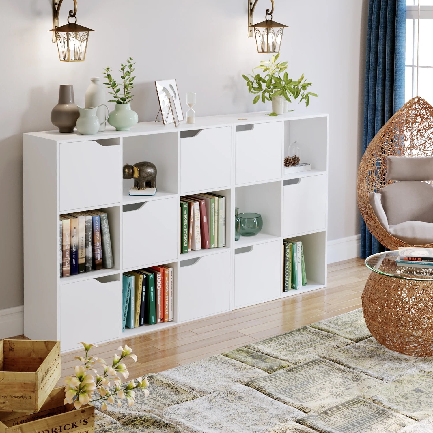 Getone Bookcase, White Bookcase, 9 Cube Storage Unit, Wooden Bookshelf with 5 Doors for Living Room, 90x29x90 cm