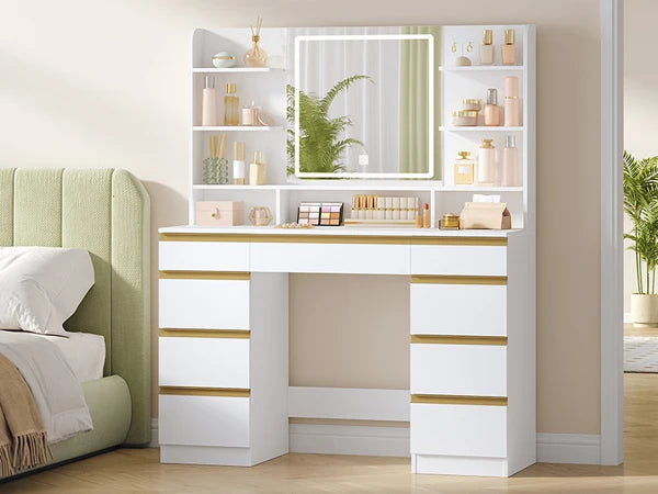 Dressing Table with LED Lighting, 3 Colours, Brightness Control, Dressing Table with Mirror, 9 Drawers, 9 Open Shelves