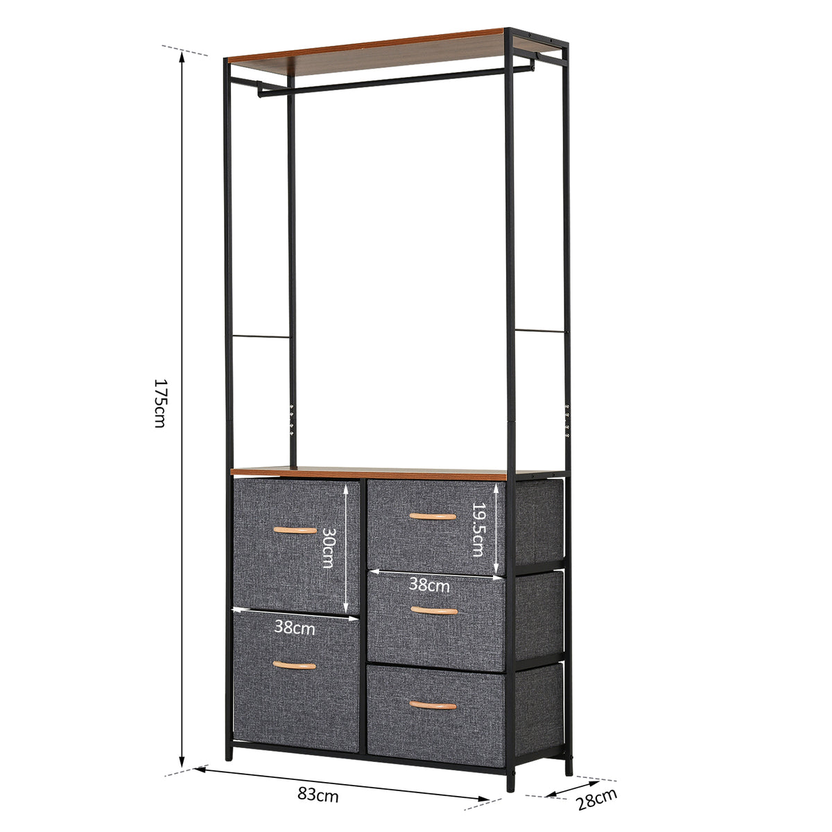 Chest Of Drawers With Coat Rack Steel Frame 5 Drawers Bedroom Hallway Home Furniture Black Brown by CABINSGATE SMART FURNITURE