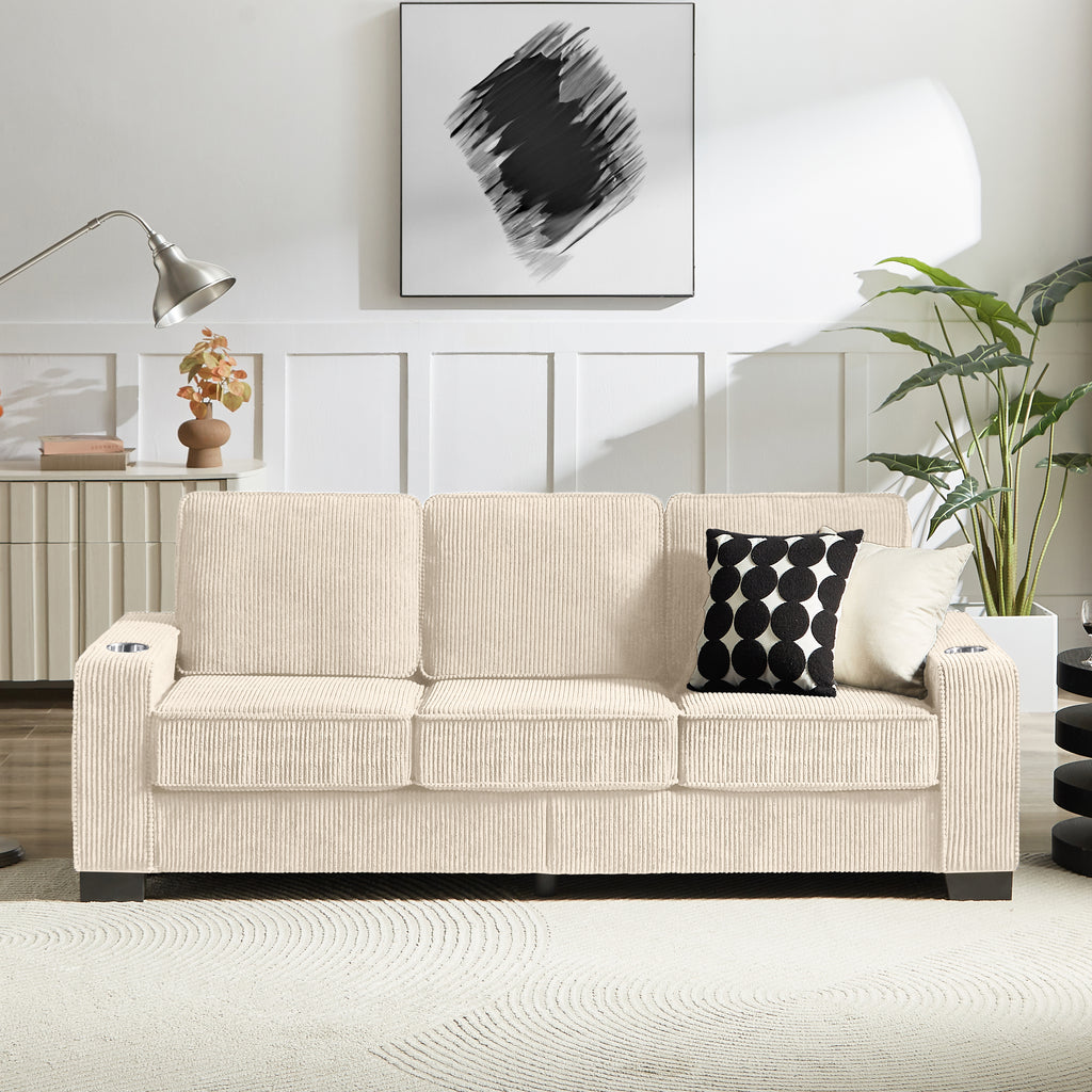 Compressed Fabric Beige 3-Seater Couch, Furniture For Living Room,Bedroom,office 83.86 Corduroy Fabric Sofa by CABINSGATE SMART FURNITURE