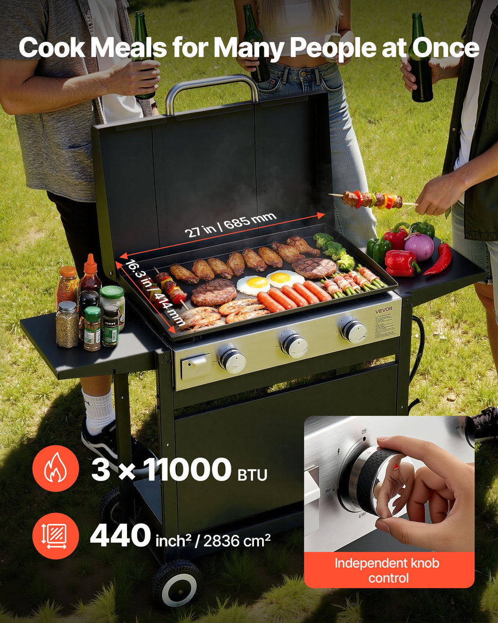 Gas Griddle, 3-Burner Flat Top Grill, Propane Griddle With Wheels, Lid, 3 X 11000 BTU Outdoor Flat Top Grills For Pan-Frying, Grilling, Stir-Frying, & BBQ, Pulse Ignition, Removable Top Design by CABINSGATE SMART FURNITURE