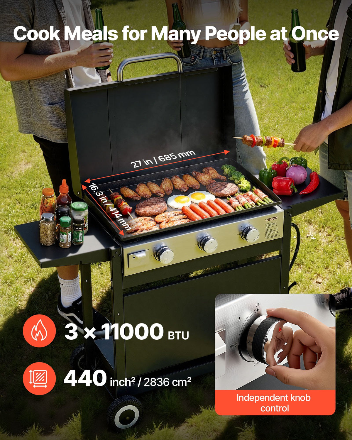 Gas Griddle, 3-Burner Flat Top Grill, Propane Griddle With Wheels, Lid, 3 X 11000 BTU Outdoor Flat Top Grills For Pan-Frying, Grilling, Stir-Frying, & BBQ, Pulse Ignition, Removable Top Design by CABINSGATE SMART FURNITURE