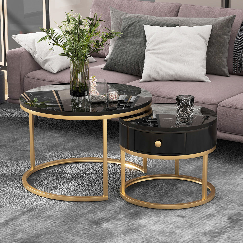 Round Coffee Tables With Drawer, Removable Set Of 2 End Table, Nesting Tables With Storage Gold Metal Frame Legs And Marble Pattern by CABINSGATE SMART FURNITURE