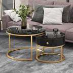 Round Coffee Tables With Drawer, Removable Set Of 2 End Table, Nesting Tables With Storage Gold Metal Frame Legs And Marble Pattern by CABINSGATE SMART FURNITURE
