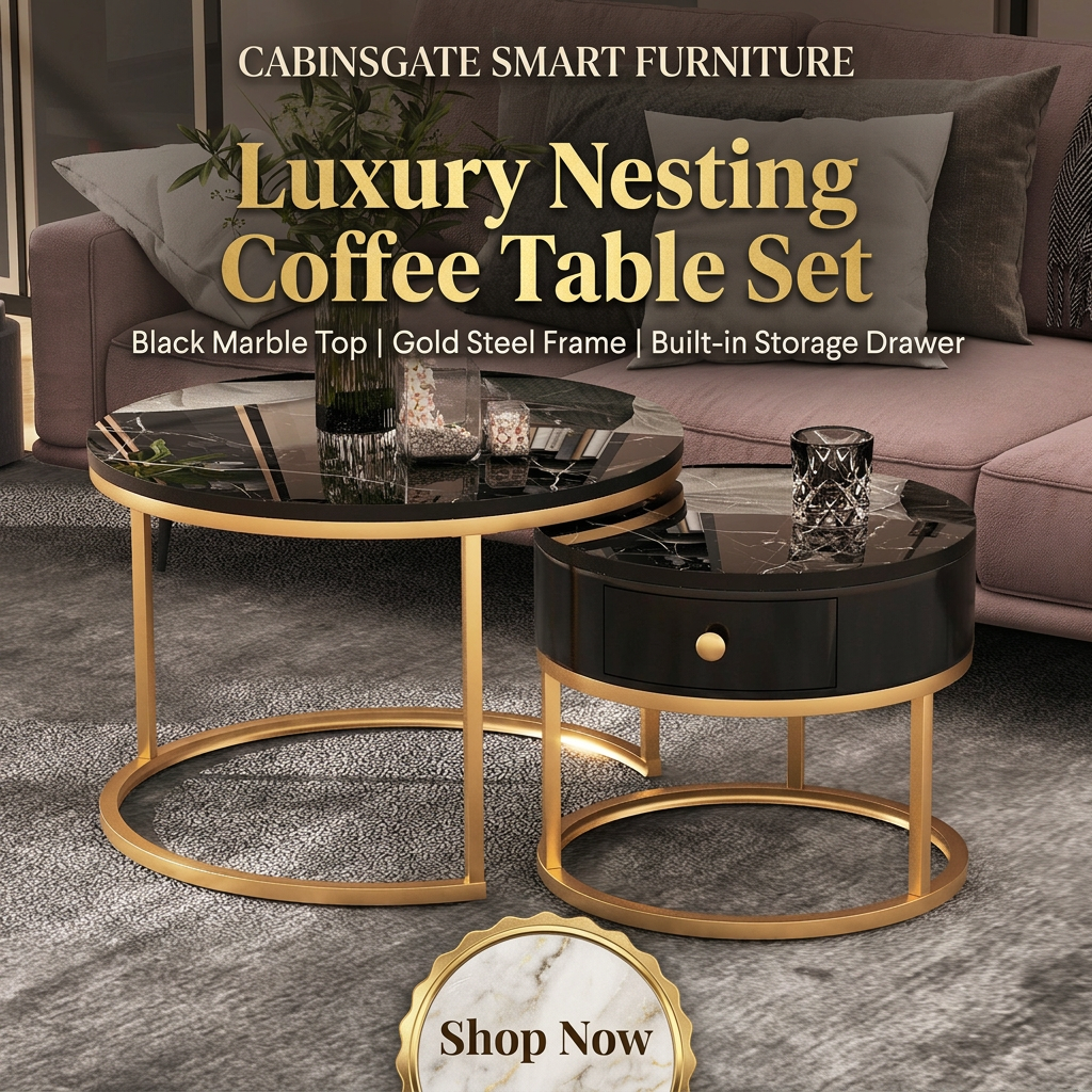 Round Coffee Tables With Drawer, Removable Set Of 2 End Table, Nesting Tables With Storage Gold Metal Frame Legs And Marble Pattern by CABINSGATE SMART FURNITURE