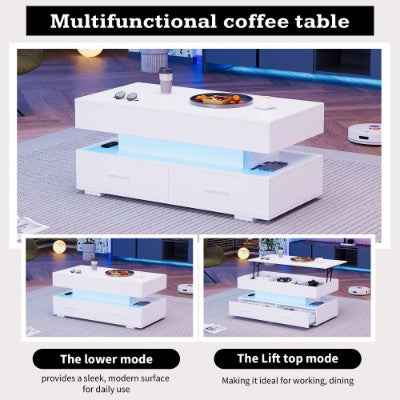 Hydraulic Lift Top Coffee Table, LED Coffee Tables With Storage For Living Room, Coffee Table With 2 Drawers & LED Light, White