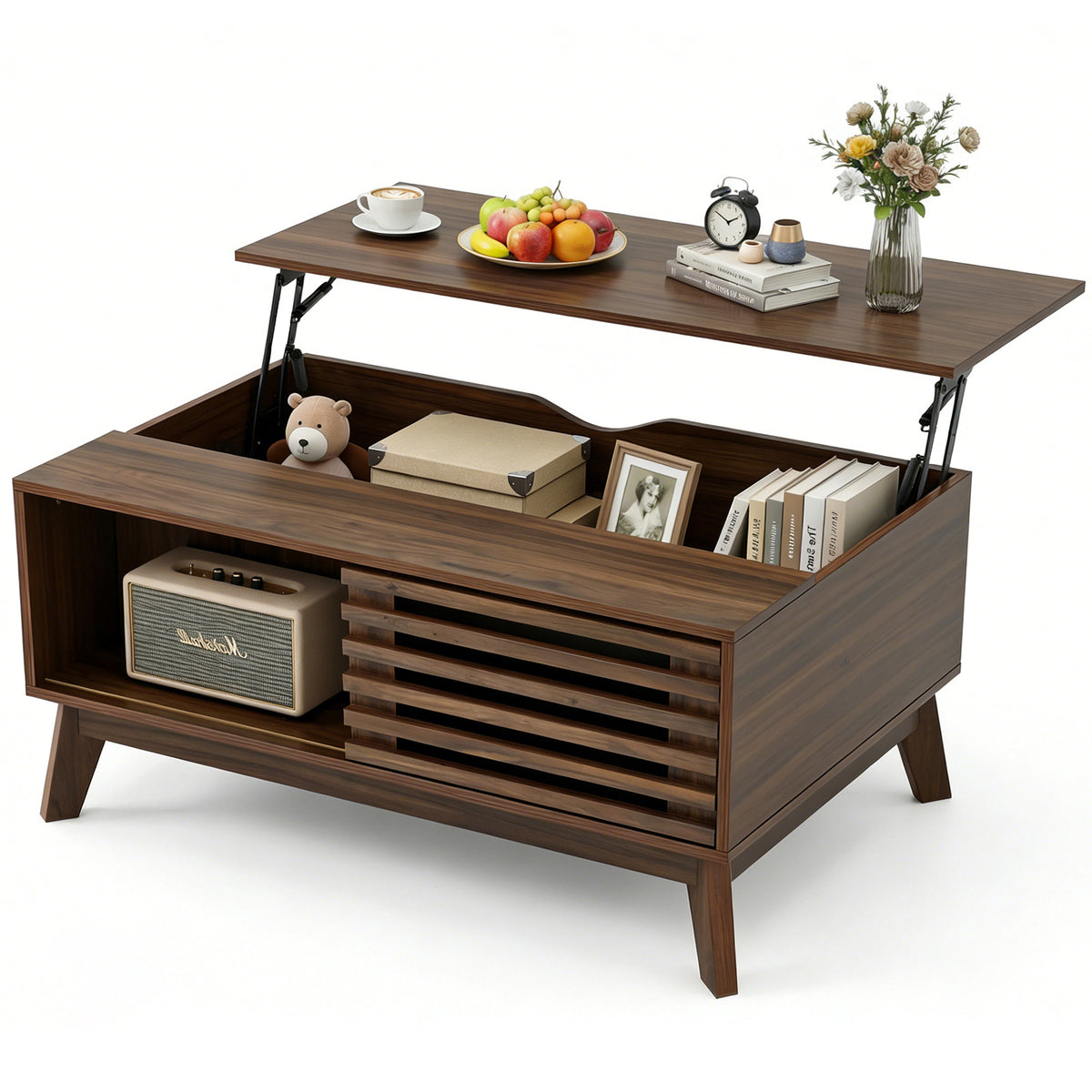 Mid Century Modern Coffee Table With Slatted Sliding Door And Hidden Compartment, 35.4 Coffee Table With Lifting Top, Coffee Tables For Living Room, Walnut by CABINSGATE SMART FURNITURE