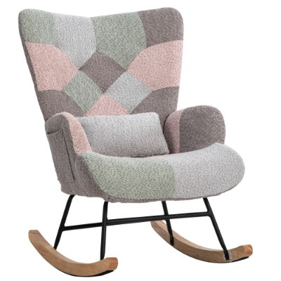 Rocking Chair, Fabric Relaxing Chair Wingback Accent Chair With Solid Wood Legs, Accent Armchair With Ottoman Single Sofa, Chair With Footstool And Pillow For Home Living Room Bedroom, Multicolour by CABINSGATE SMART FURNITURE
