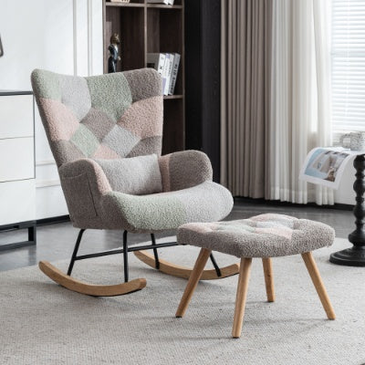 Rocking Chair, Fabric Relaxing Chair Wingback Accent Chair With Solid Wood Legs, Accent Armchair With Ottoman Single Sofa, Chair With Footstool And Pillow For Home Living Room Bedroom, Multicolour by CABINSGATE SMART FURNITURE