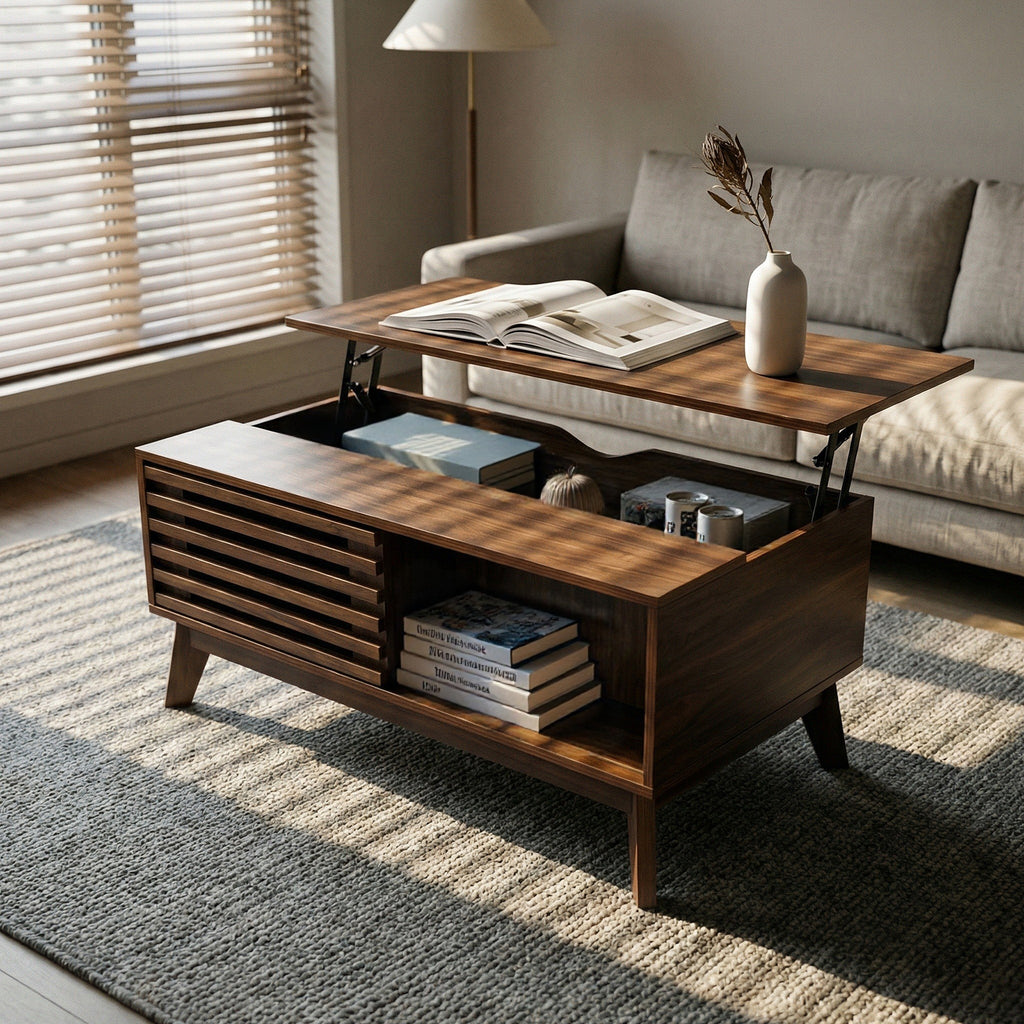 Mid Century Modern Coffee Table With Slatted Sliding Door And Hidden Compartment, 35.4 Coffee Table With Lifting Top, Coffee Tables For Living Room, Walnut by CABINSGATE SMART FURNITURE