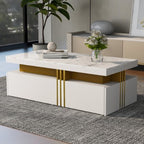 Modern White Rectangular Coffee Table With Marble Pattern Triamine Board Top And 2 Wooden Drawers, Living Room Table, 100x50x40cm by CABINSGATE SMART FURNITURE