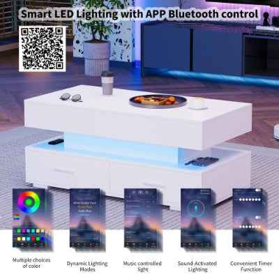 Hydraulic Lift Top Coffee Table, LED Coffee Tables With Storage For Living Room, Coffee Table With 2 Drawers & LED Light, White