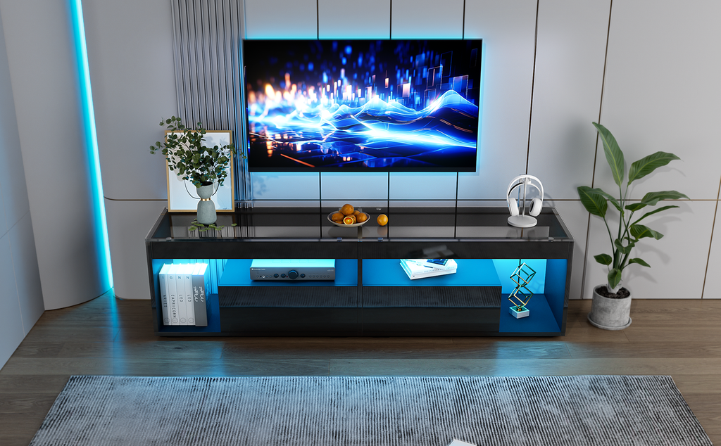 High Gloss TV Stand With 2 Drawers,Glass Tabletop by CABINSGATE SMART FURNITURE