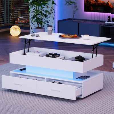 Hydraulic Lift Top Coffee Table, LED Coffee Tables With Storage For Living Room, Coffee Table With 2 Drawers & LED Light, White