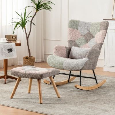 Rocking Chair, Fabric Relaxing Chair Wingback Accent Chair With Solid Wood Legs, Accent Armchair With Ottoman Single Sofa, Chair With Footstool And Pillow For Home Living Room Bedroom, Multicolour by CABINSGATE SMART FURNITURE