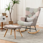 Rocking Chair, Fabric Relaxing Chair Wingback Accent Chair With Solid Wood Legs, Accent Armchair With Ottoman Single Sofa, Chair With Footstool And Pillow For Home Living Room Bedroom, Multicolour by CABINSGATE SMART FURNITURE