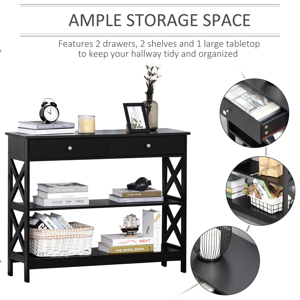 Console Table Side Desk W/ Shelves Drawers Open Top X Support Frame Living Room Hallway Home Office Furniture Black by CABINSGATE SMART FURNITURE