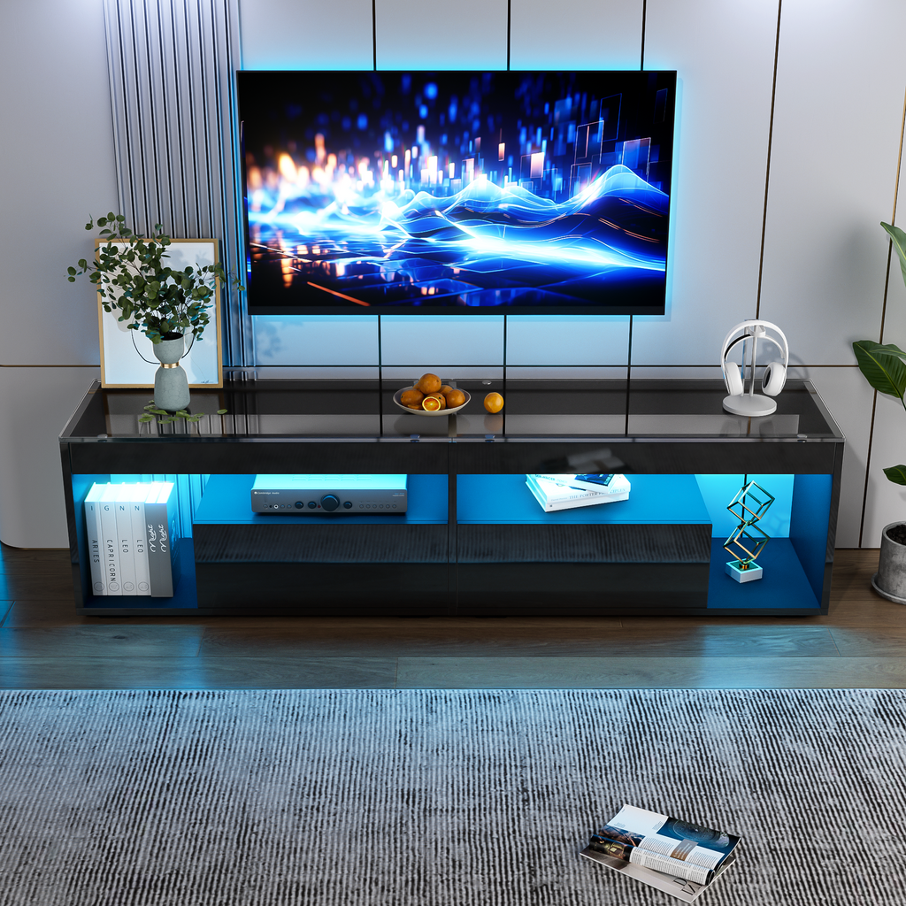 High Gloss TV Stand With 2 Drawers,Glass Tabletop by CABINSGATE SMART FURNITURE