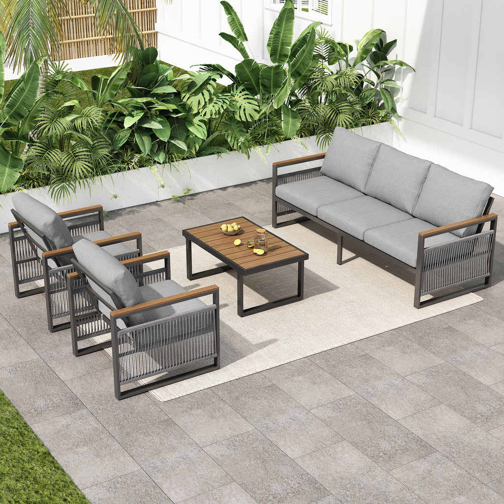 4-Pieces Outdoor Metal Patio Furniture Set, 5-Seat Patio Furniture Sofa Set With Cushion, Modern Outdoor Furniture Deep Seating For Porch, Garden, Backyard, Balcony, Grey & Natural by CABINSGATE SMART FURNITURE