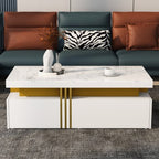 Modern White Rectangular Coffee Table With Marble Pattern Triamine Board Top And 2 Wooden Drawers, Living Room Table, 100x50x40cm by CABINSGATE SMART FURNITURE