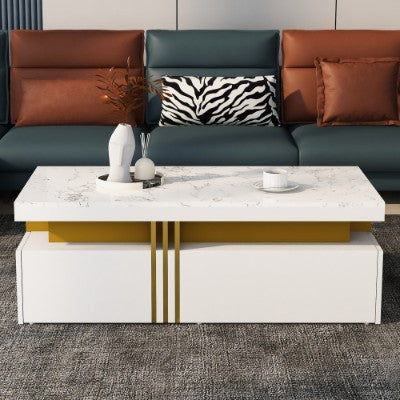 Modern White Rectangular Coffee Table With Marble Pattern Triamine Board Top And 2 Wooden Drawers, Living Room Table, 100x50x40cm by CABINSGATE SMART FURNITURE