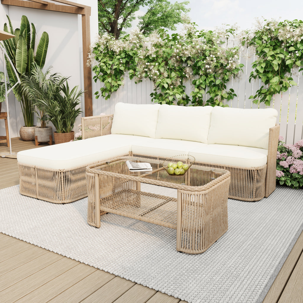 Outdoor PE Rattan Patio Furniture Set With Iron Frame, Dark Beige Wicker Conversation Sofa by CABINSGATE SMART FURNITURE