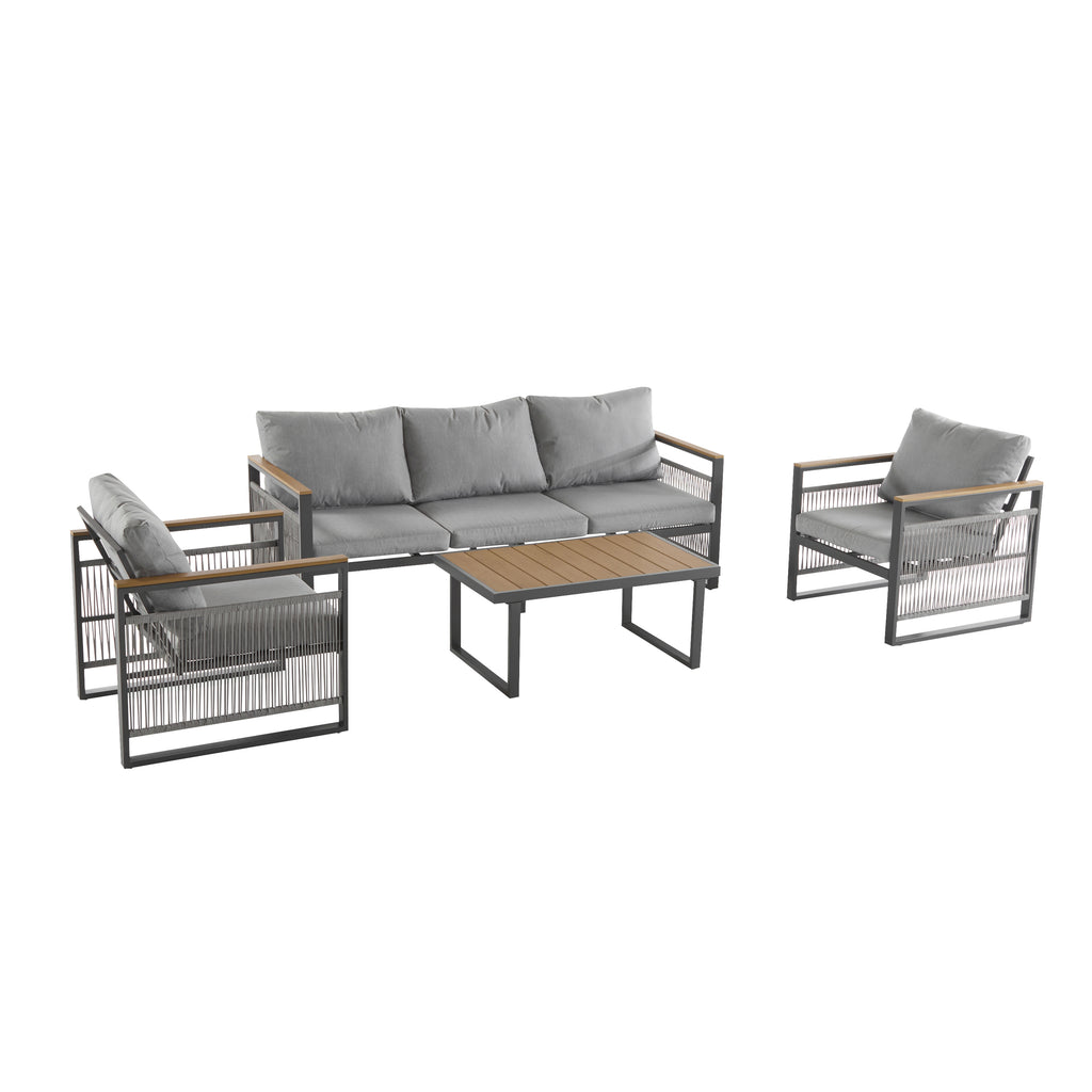 4-Pieces Outdoor Metal Patio Furniture Set, 5-Seat Patio Furniture Sofa Set With Cushion, Modern Outdoor Furniture Deep Seating For Porch, Garden, Backyard, Balcony, Grey & Natural by CABINSGATE SMART FURNITURE